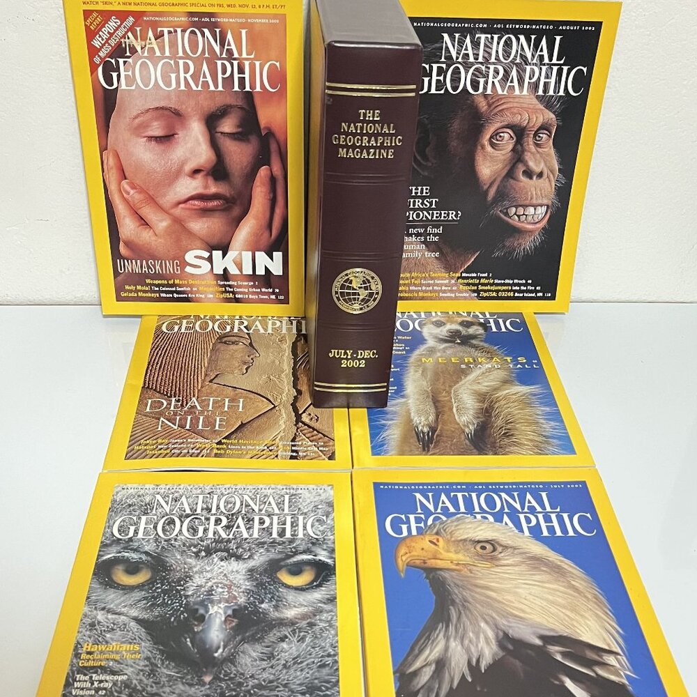 (6) NAT'L GEOGRAPHIC MAGAZINE Jul-Dec 2002 w/ FAUX LEATHER SLIP CASE/LikeNew